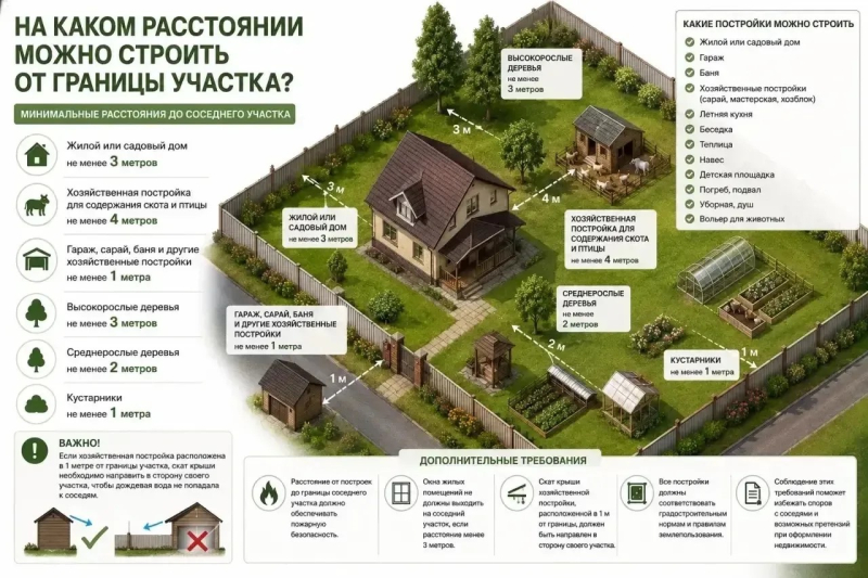  На каком расстоянии можно строить от границы участка?